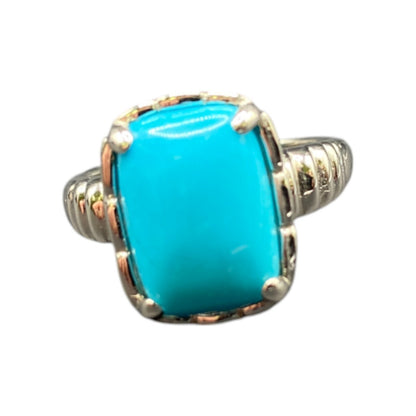 925 Sterling Silver Cocktail Ring Turquoise Gemstone Rectangle Prong Set Size 10