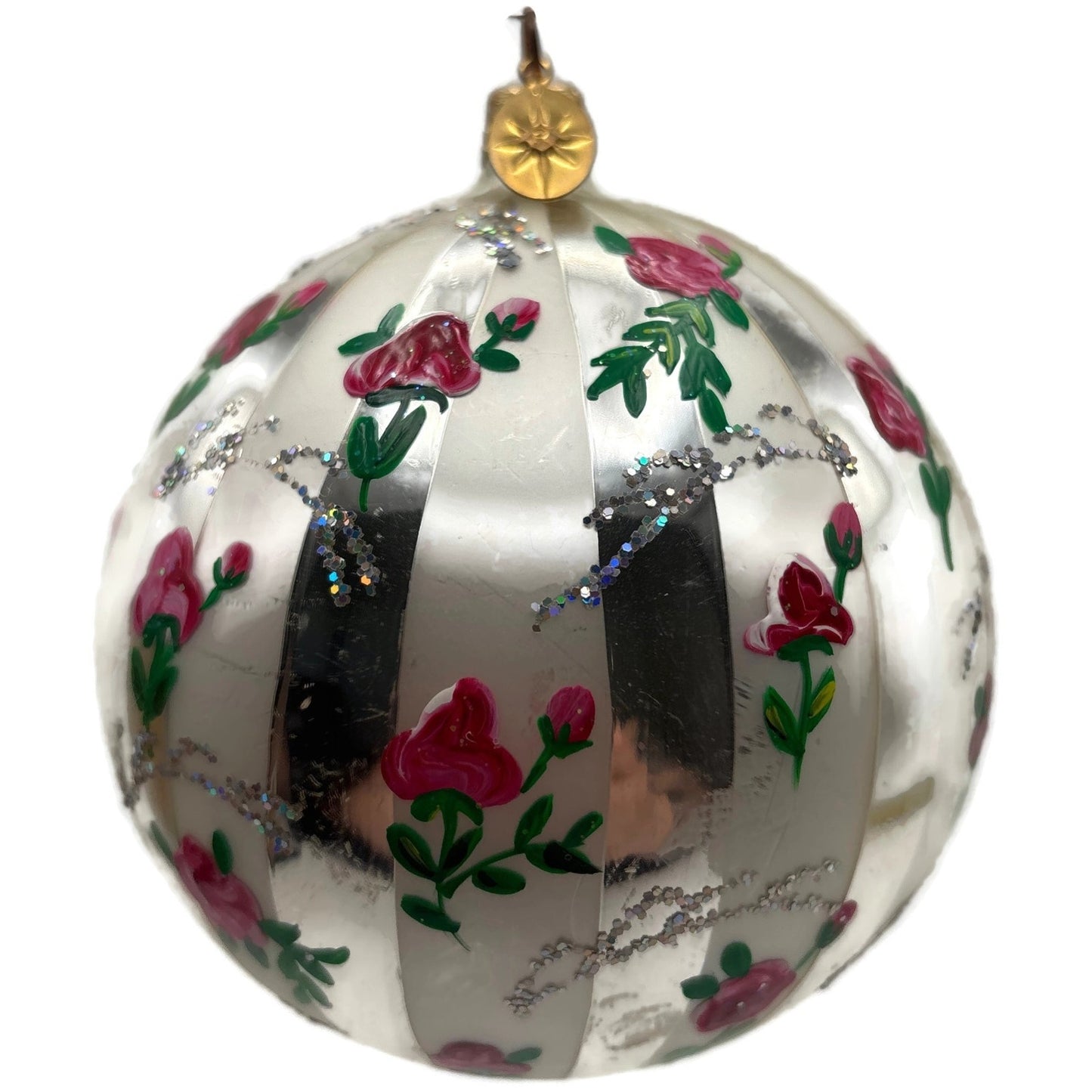 Christopher Radko Parlour Pink Roses Silver Striped Glitter Christmas Ornament