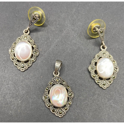 Mother Of Pearl Oval Pendant Earrings Set Marcasite Crystal 925 Sterling Silver
