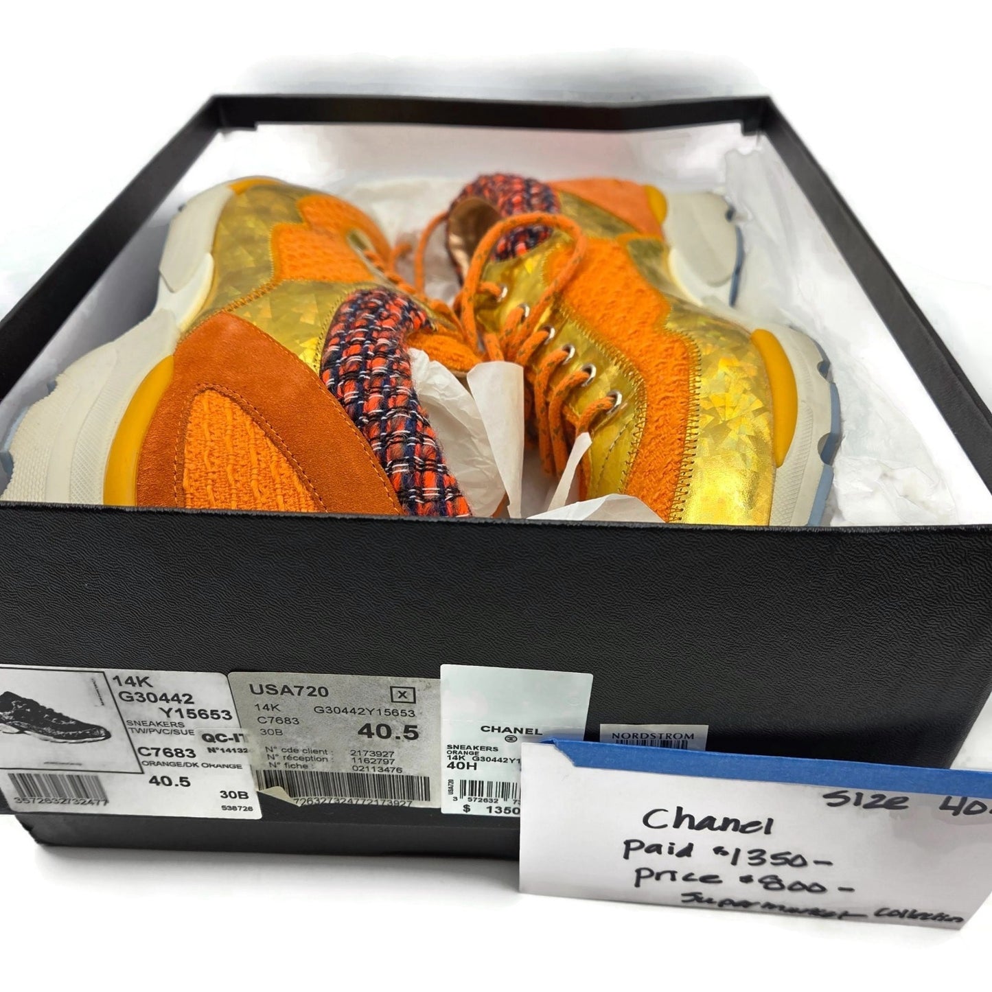 Chanel 14K Supermarket Orange Tweed PVC Suede Gold Sneakers Women EU Size 40.5