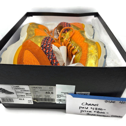 Chanel 14K Supermarket Orange Tweed PVC Suede Gold Sneakers Women EU Size 40.5