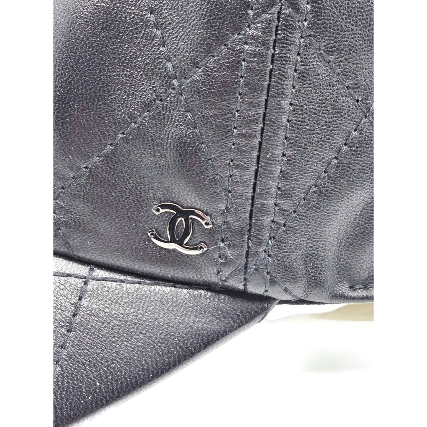 Chanel CC Logo Quilted Lambskin Leather Baseball Cap Hat Black Medium 15B Rare