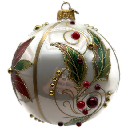 Glitter Lab Christmas Patterns Poinsettia Leaves White Orb Ball Holiday Ornament