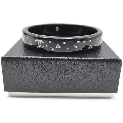 Chanel Black Resin Faux Pearl Crystal CC Logo Details Bangle Bracelet Jewelry