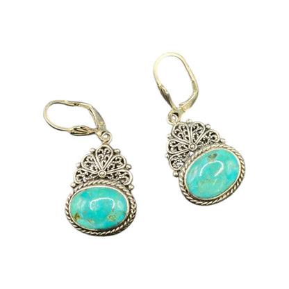 Turquoise Oval Earrings Sterling Silver Leverback Blue Gemstone NOA Thailand