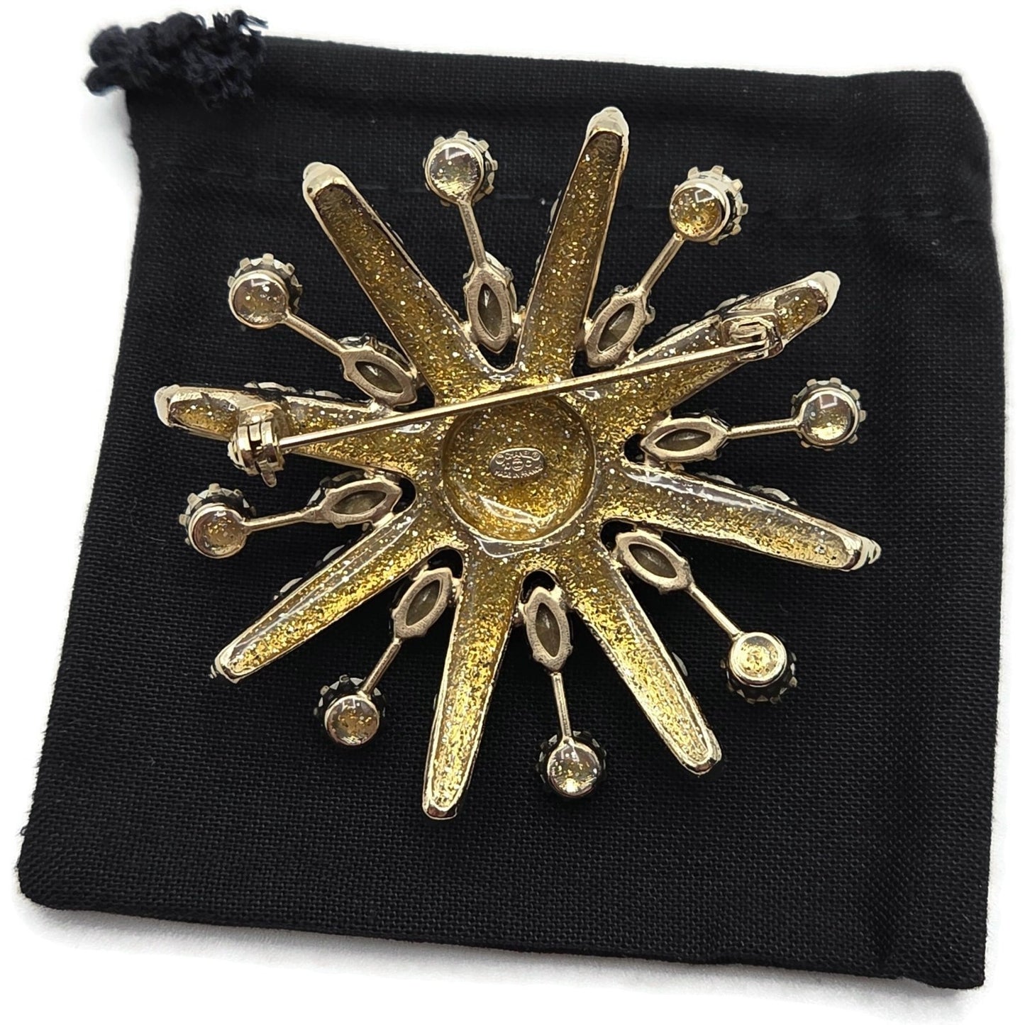 CoCo Chanel Starburst Brooch Blue Crystal Rhinestone Gold Tone Pin with Box Rare
