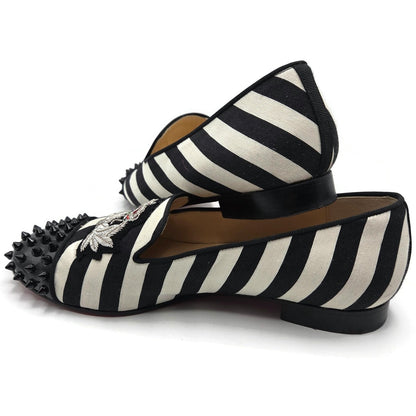 Christian Louboutin Intern Flat Patent Studded Loafers Black White Stripe Sz 40