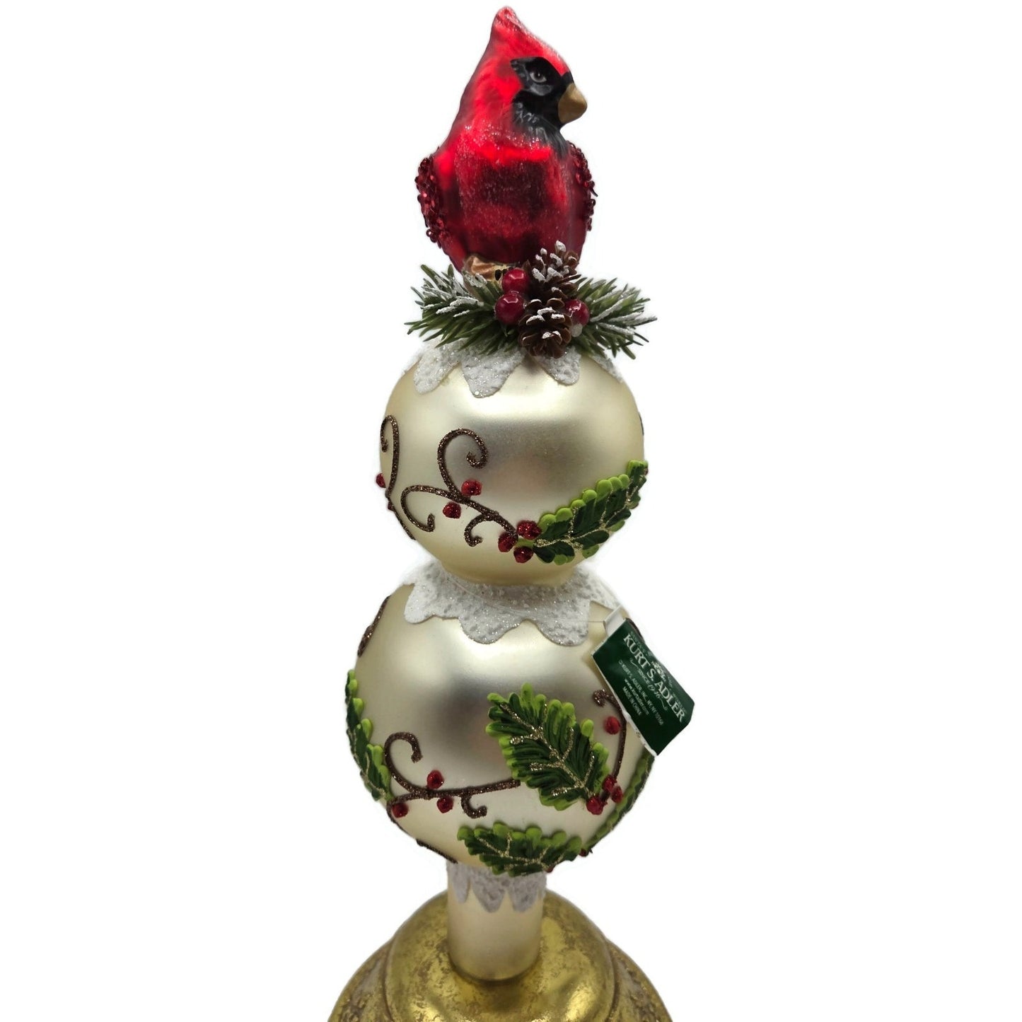 Kurt Adler Holiday And Cardinal Red Bird Glass Christmas Tree Topper 13 Inch