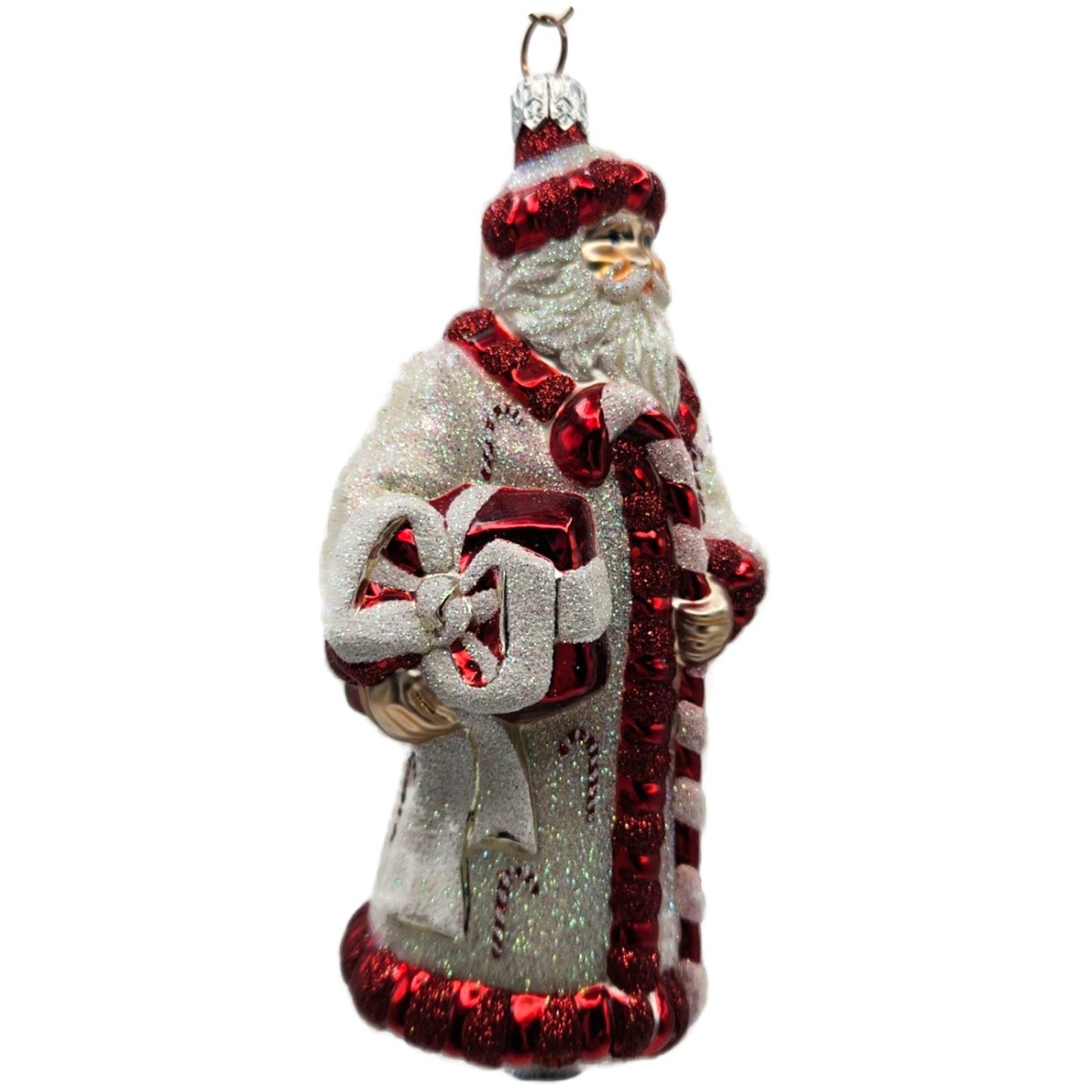 Patricia Breen Candy Cane Claus White Red Glittered Red Trim Christmas Ornament