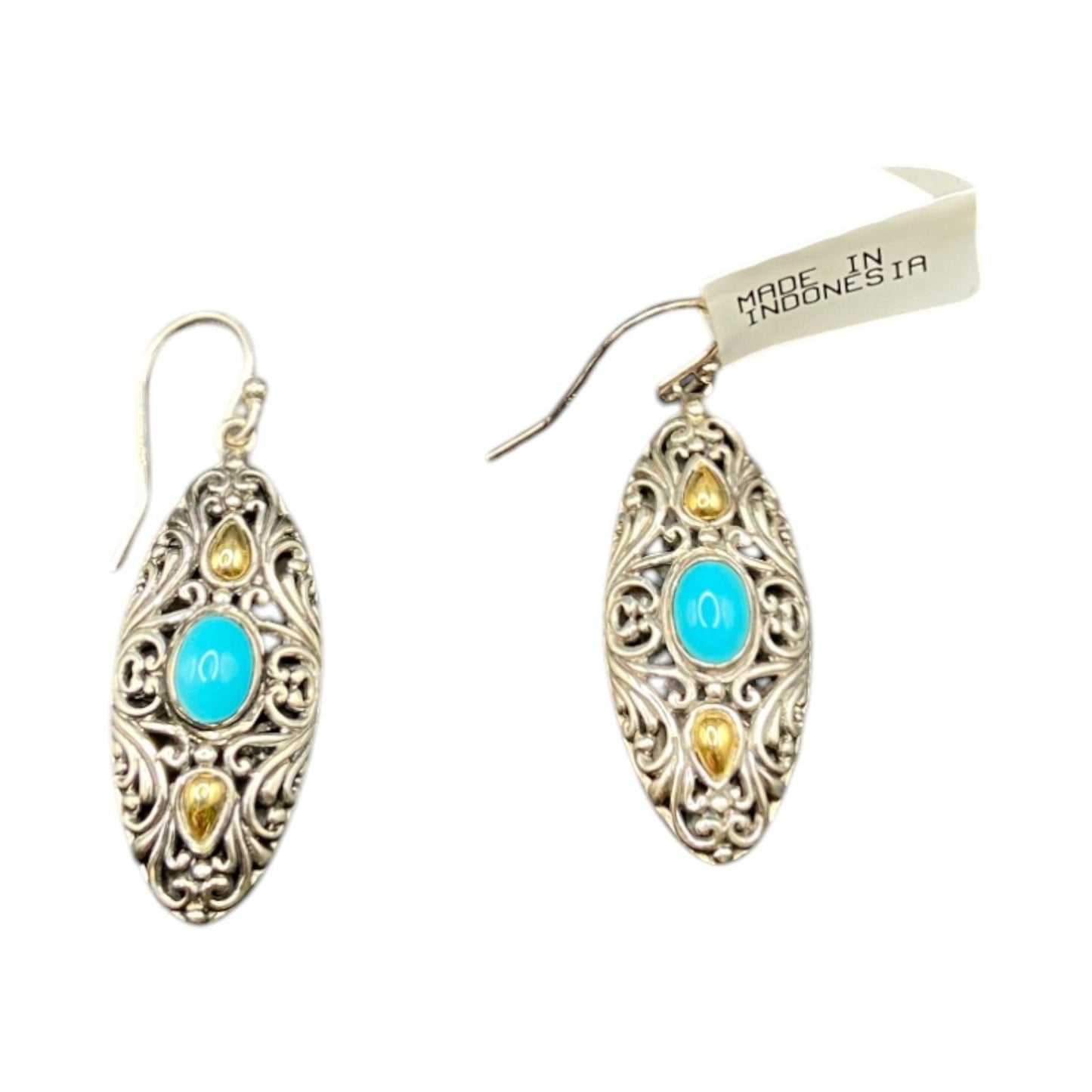 Samuel B Sleeping Beauty Turquoise Hook Earrings 925 Sterling Silver Filigree