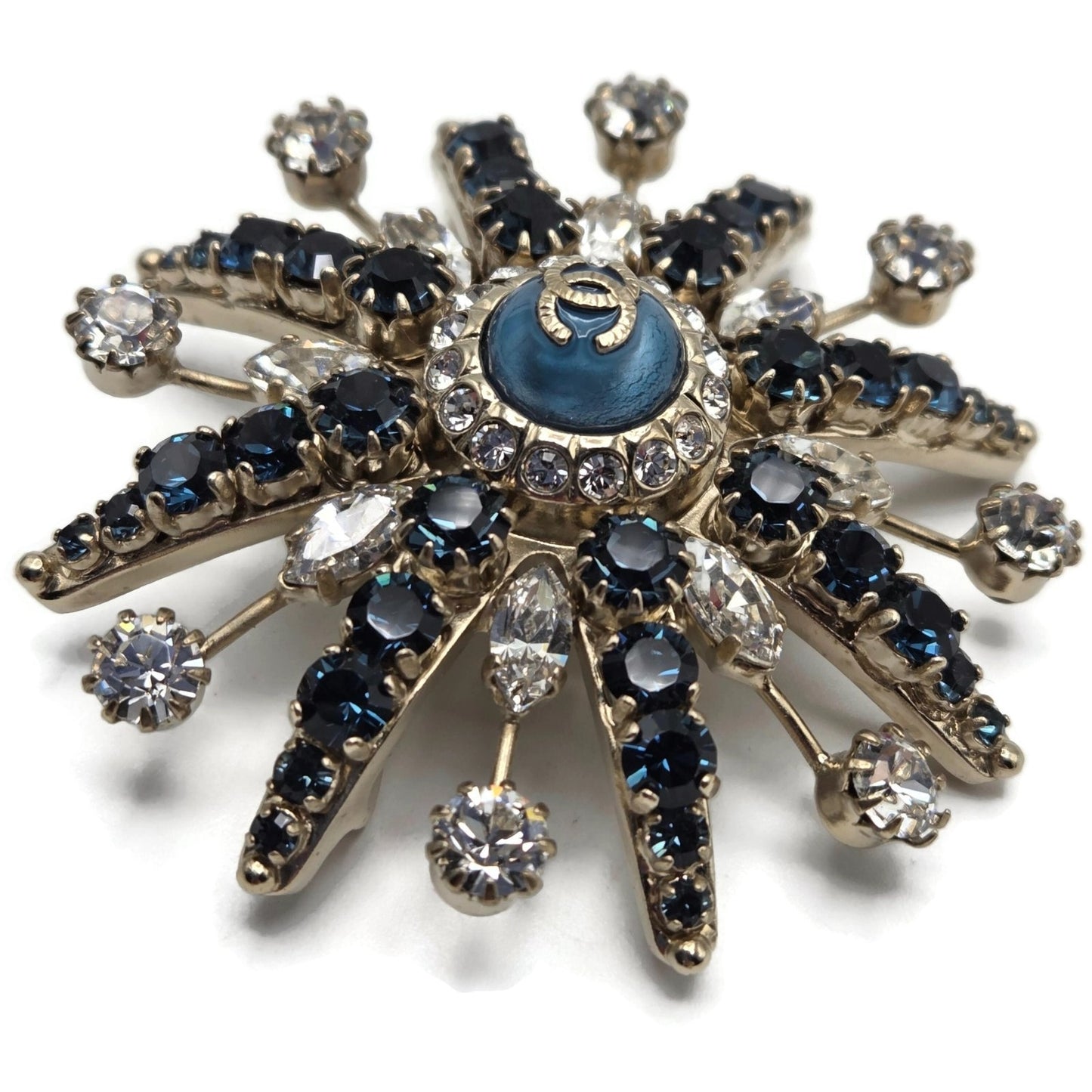 CoCo Chanel Starburst Brooch Blue Crystal Rhinestone Gold Tone Pin with Box Rare