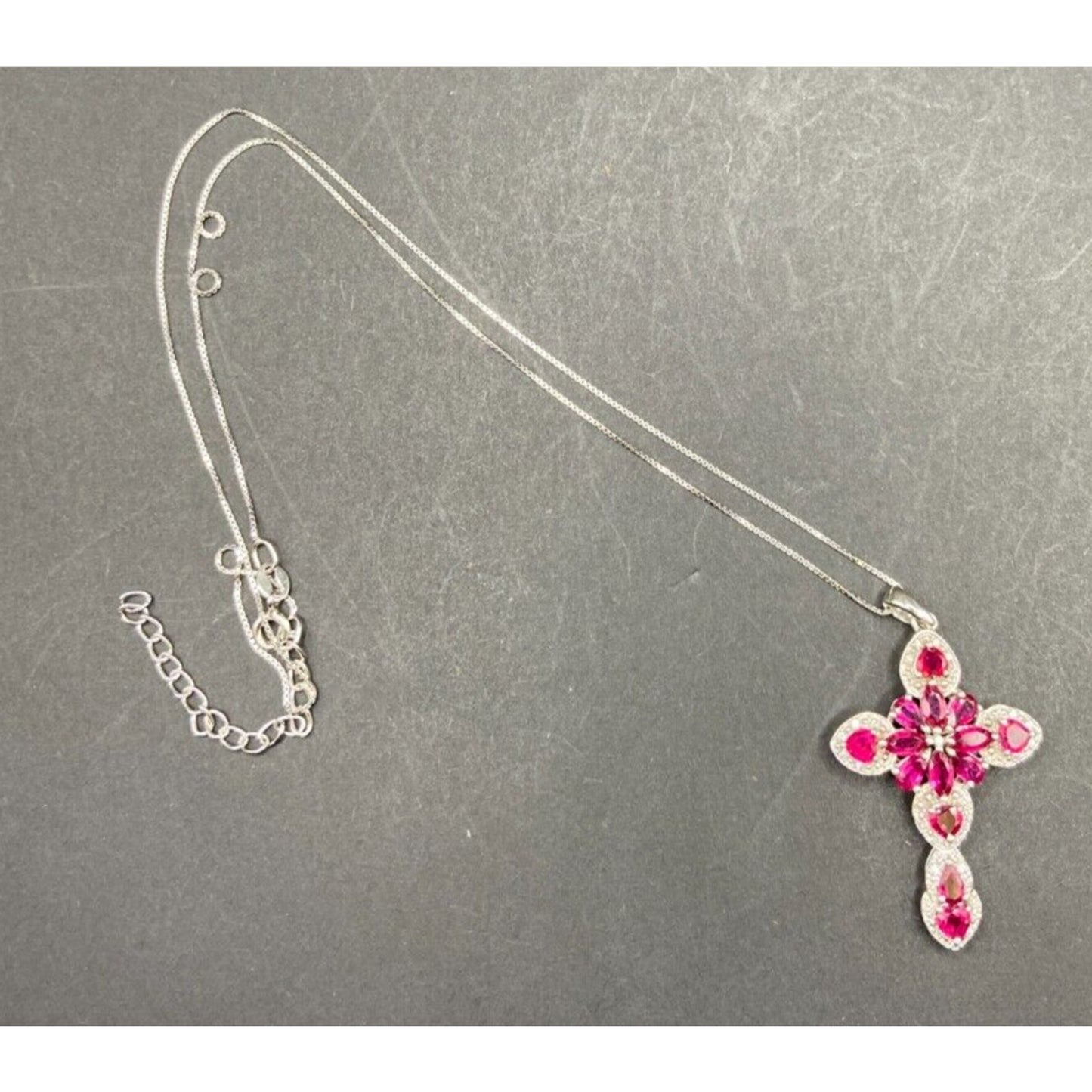 Red Mahaleo Ruby Rhodium Cross Pendant 925 Sterling Box Chain Necklace