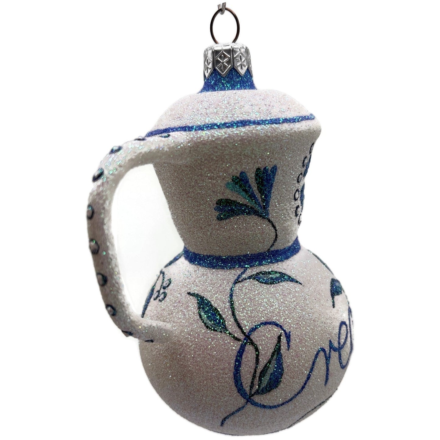 Patricia Breen Sweet Cream Glittered Blue Flowers Pearl White Spring Ornament
