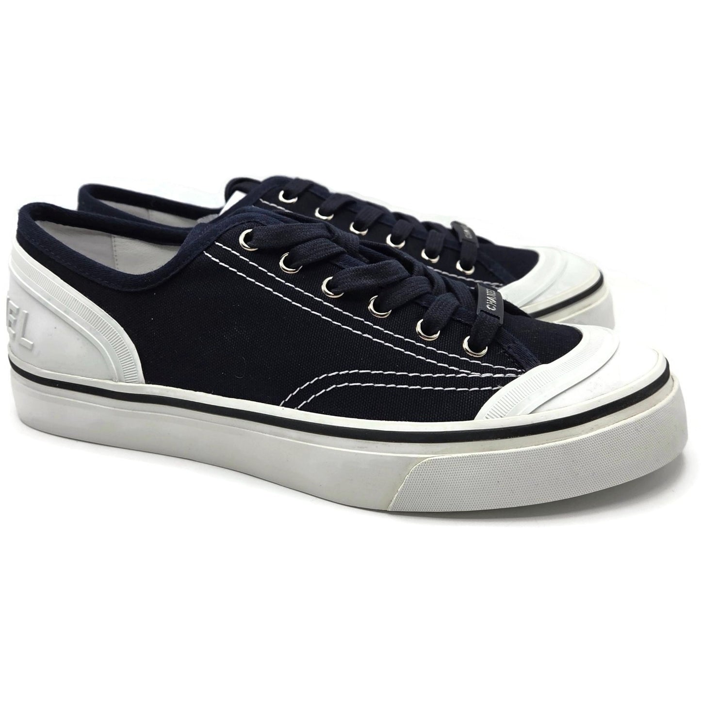 CHANEL Navy Fabric Sneakers Womens Size 40 White Sole Lace Up Low Top Box G34760