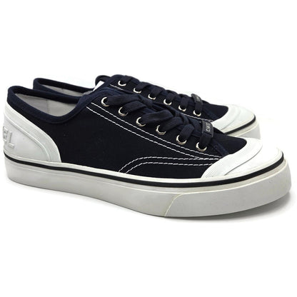 CHANEL Navy Fabric Sneakers Womens Size 40 White Sole Lace Up Low Top Box G34760