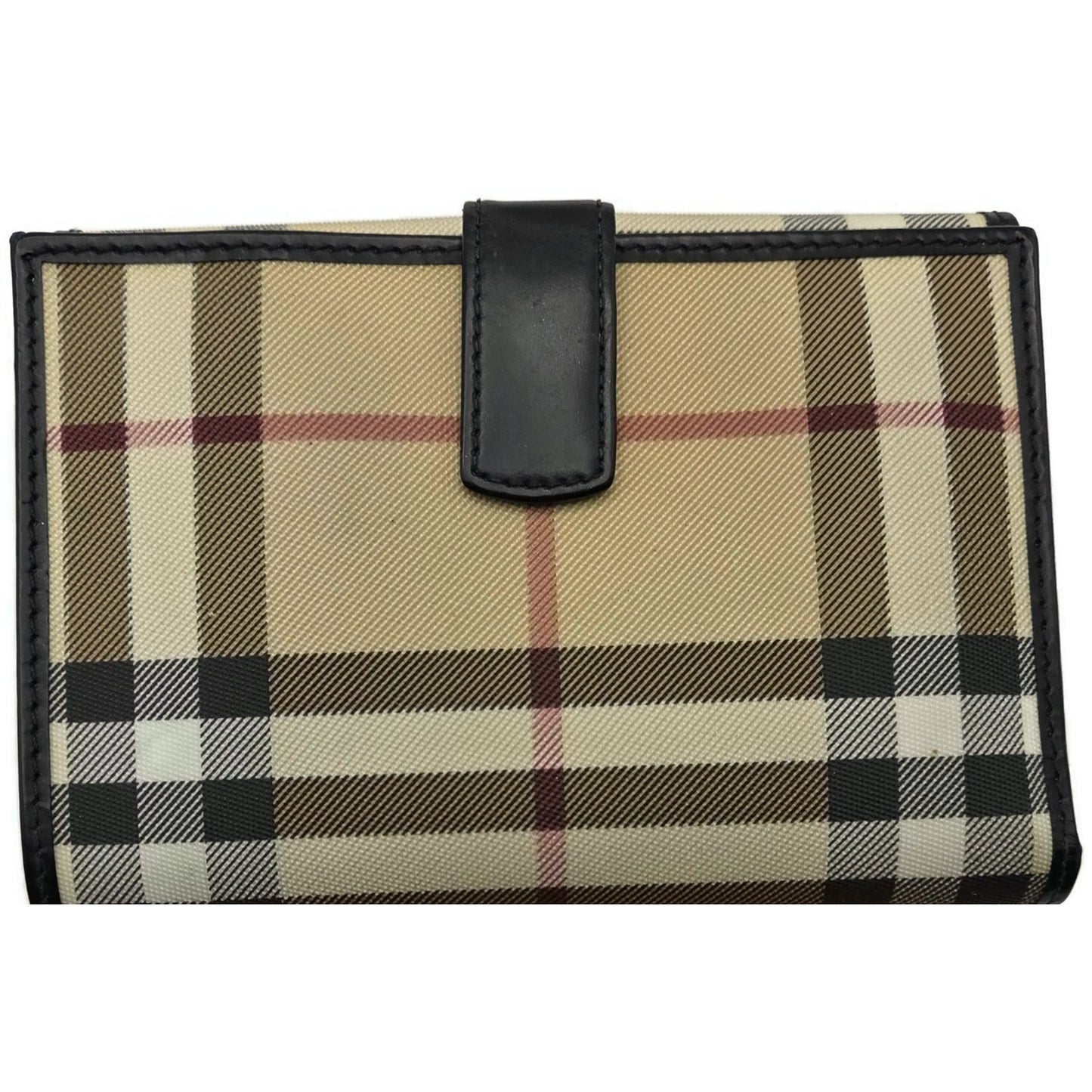Burberry London Vintage Nova Check Leather Snap Bi-Fold Wallet Black Beige Plaid