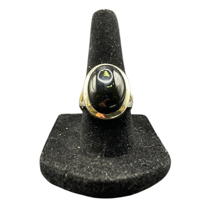 Black Onyx Cocktail Ring Oval Cabochon Gemstone Silver Tone Metal Size 7