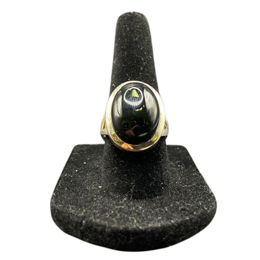 Black Onyx Cocktail Ring Oval Cabochon Gemstone Silver Tone Metal Size 7