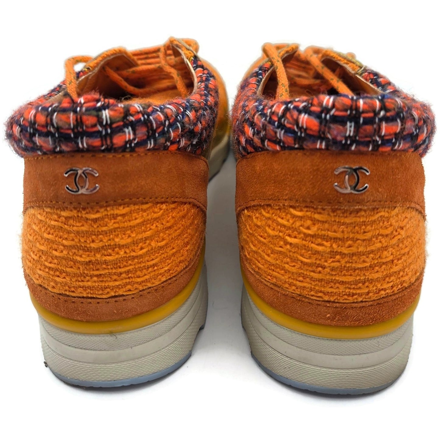 Chanel 14K Supermarket Orange Tweed PVC Suede Gold Sneakers Women EU Size 40.5