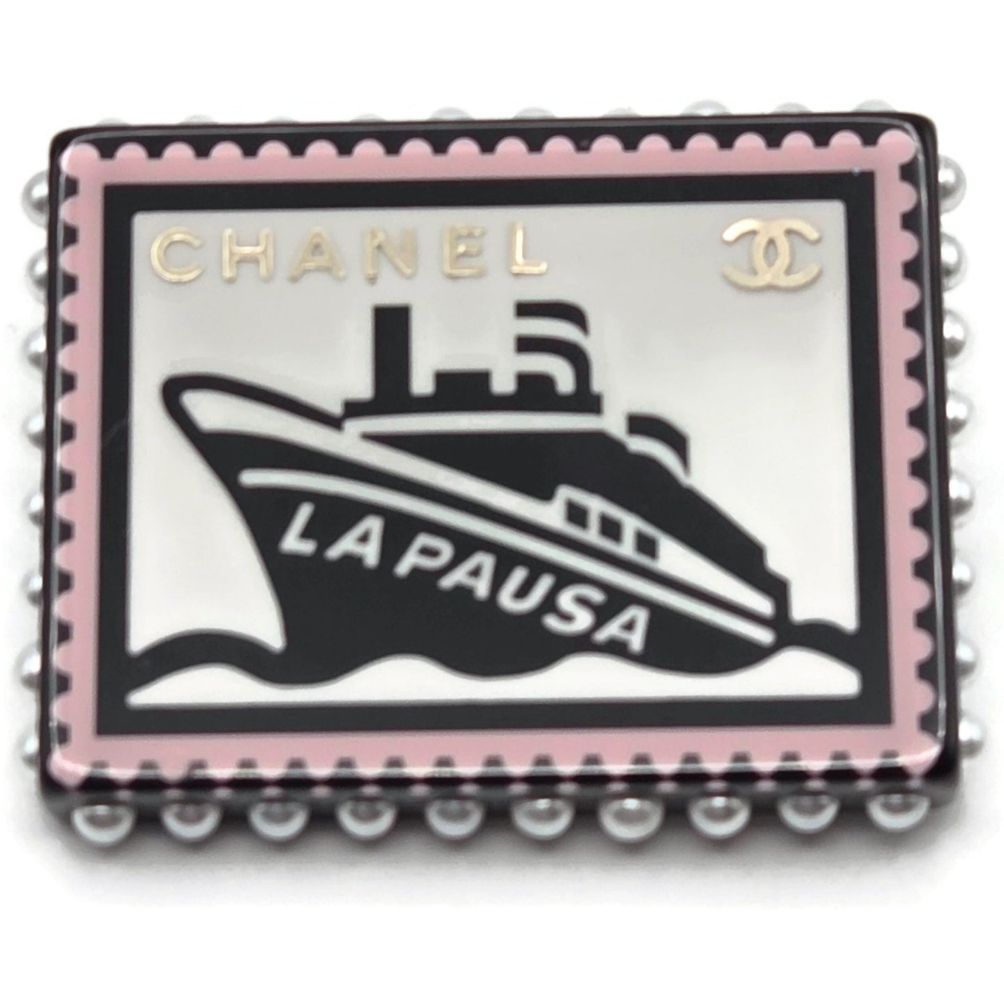 Chanel 19C La Pausa Yacht Stamp Brooch Pin CC Logo Cruise Ship Pea AB0921 Y47494