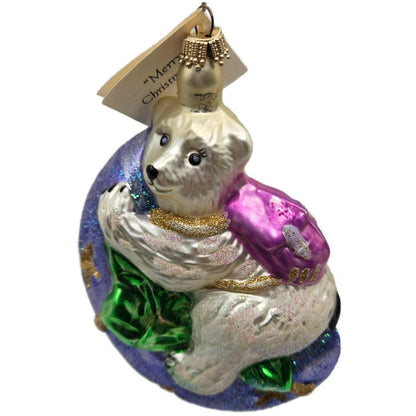Larry Fraga Moonstruck Polar Bear Moon Stars Glass Christmas Tree Decor Ornament