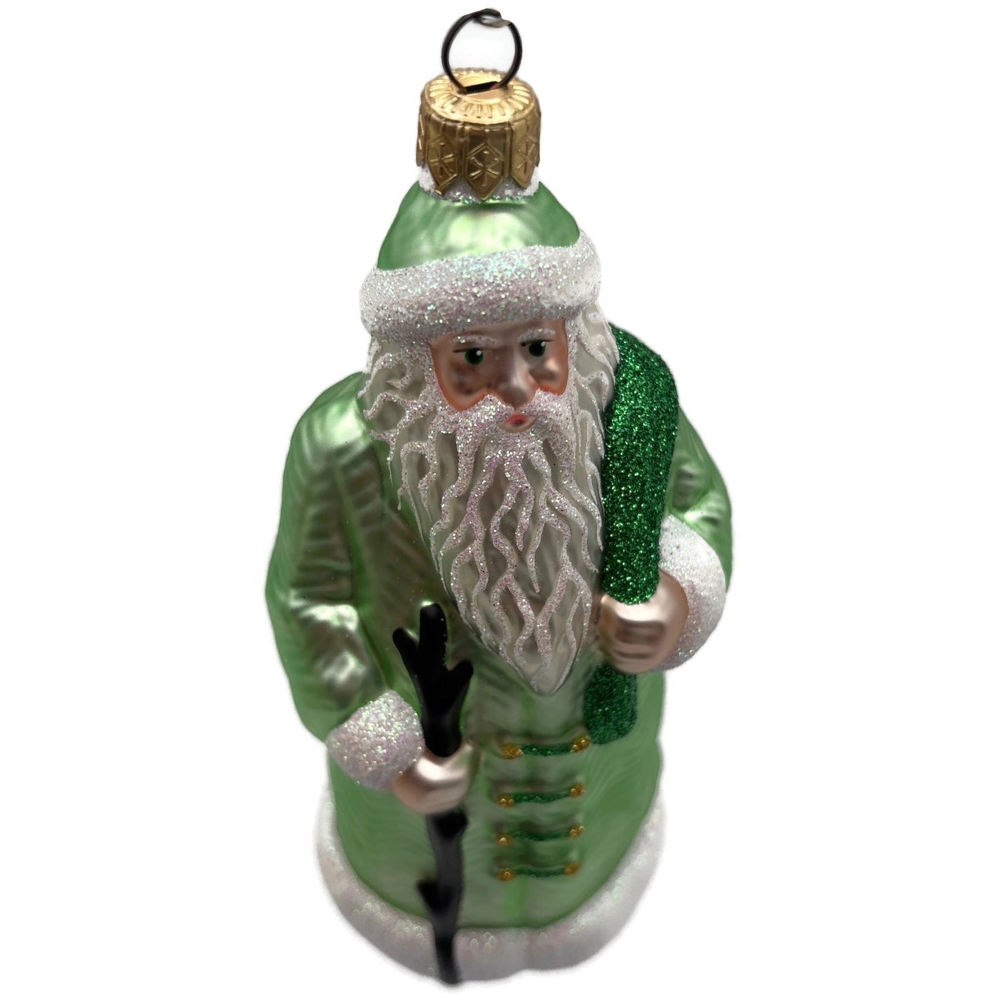 Patricia Breen Santa of the Mead Green White Trim Black Staff Christmas Ornament