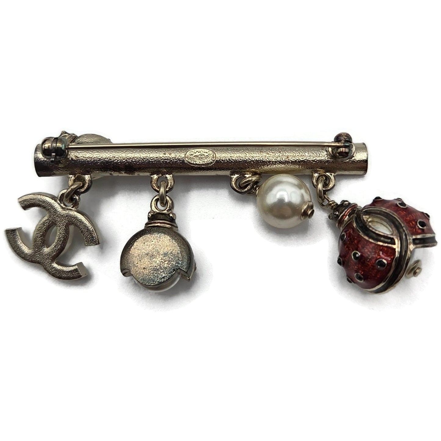 Chanel Gold Enamel Ladybug & Pearl Dangling Brooch A97981 Z5712 Spring 2018 VTG