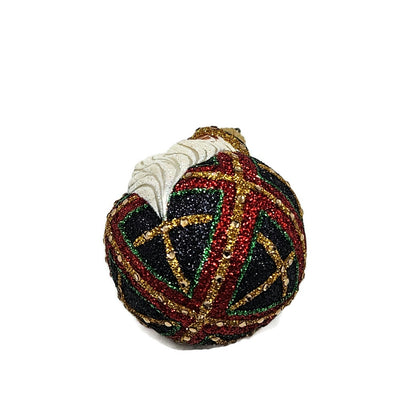 Patricia Breen Miniature Santa du Monde Plaid Black Glittered Christmas Ornament