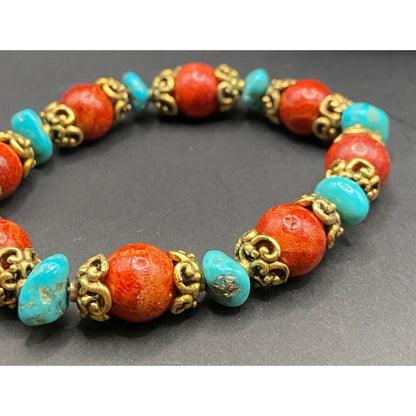 3 Pc Set Sponge Coral Turquoise Beaded Necklace Bracelets Gold Tone Metal
