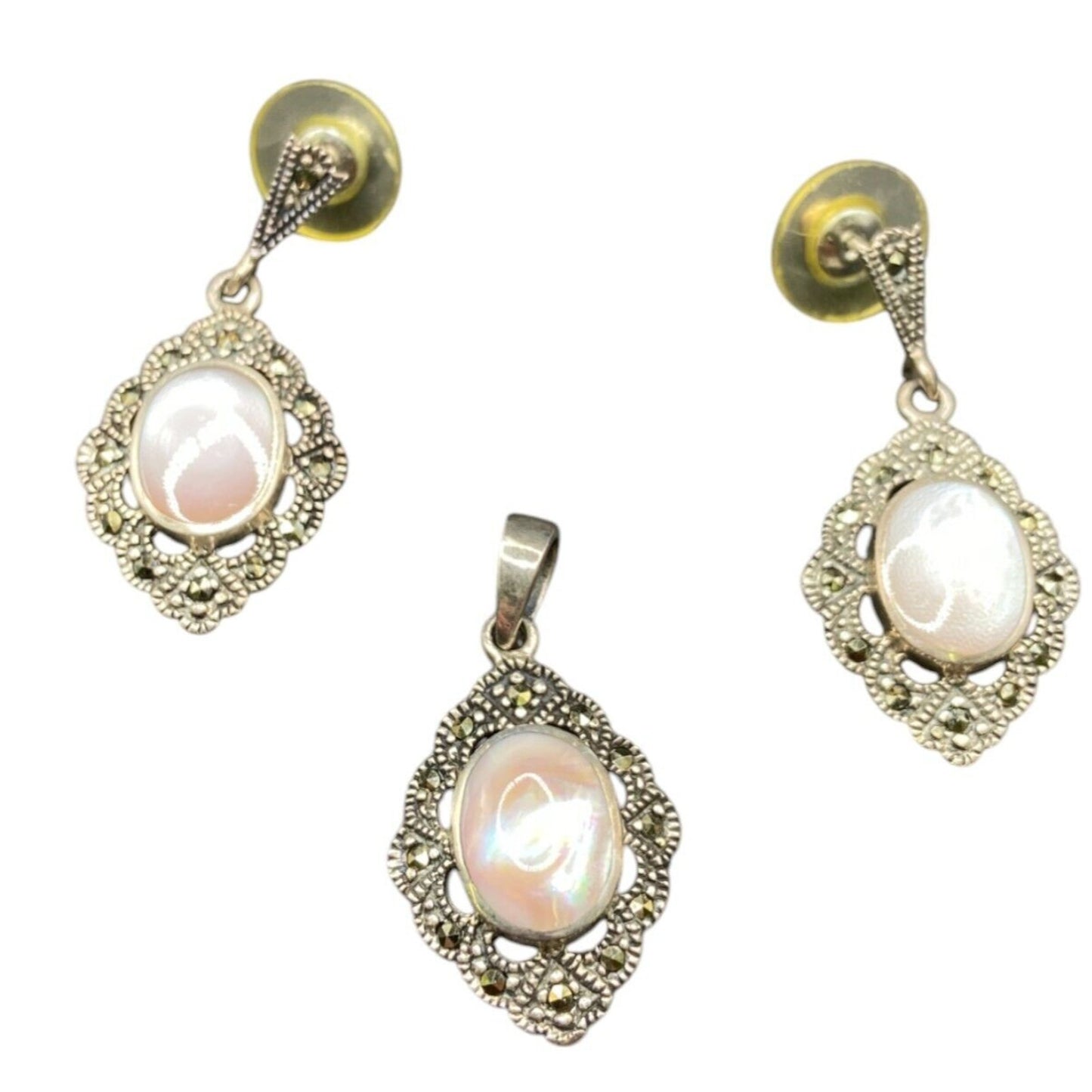 Mother Of Pearl Oval Pendant Earrings Set Marcasite Crystal 925 Sterling Silver