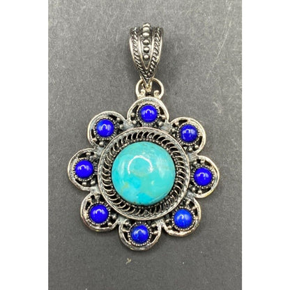 Turquoise Lapis Lazuli Pendant Crystal Stone Flower Silver Tone Metal Filigree