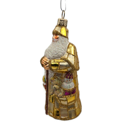 Patricia Breen Patchwork Santa Gold Glitter Plaid Glass Christmas Tree Ornament