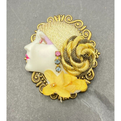 Vintage Porcelain Lady Cameo Brooch Rhinestones Gold Tone Metal Filigree