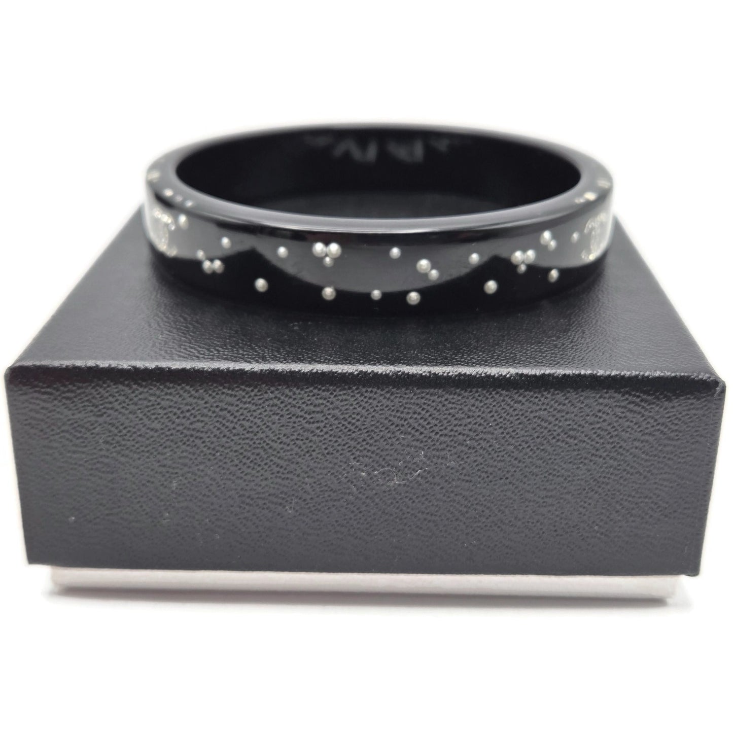 Chanel Black Resin Faux Pearl Crystal CC Logo Details Bangle Bracelet Jewelry
