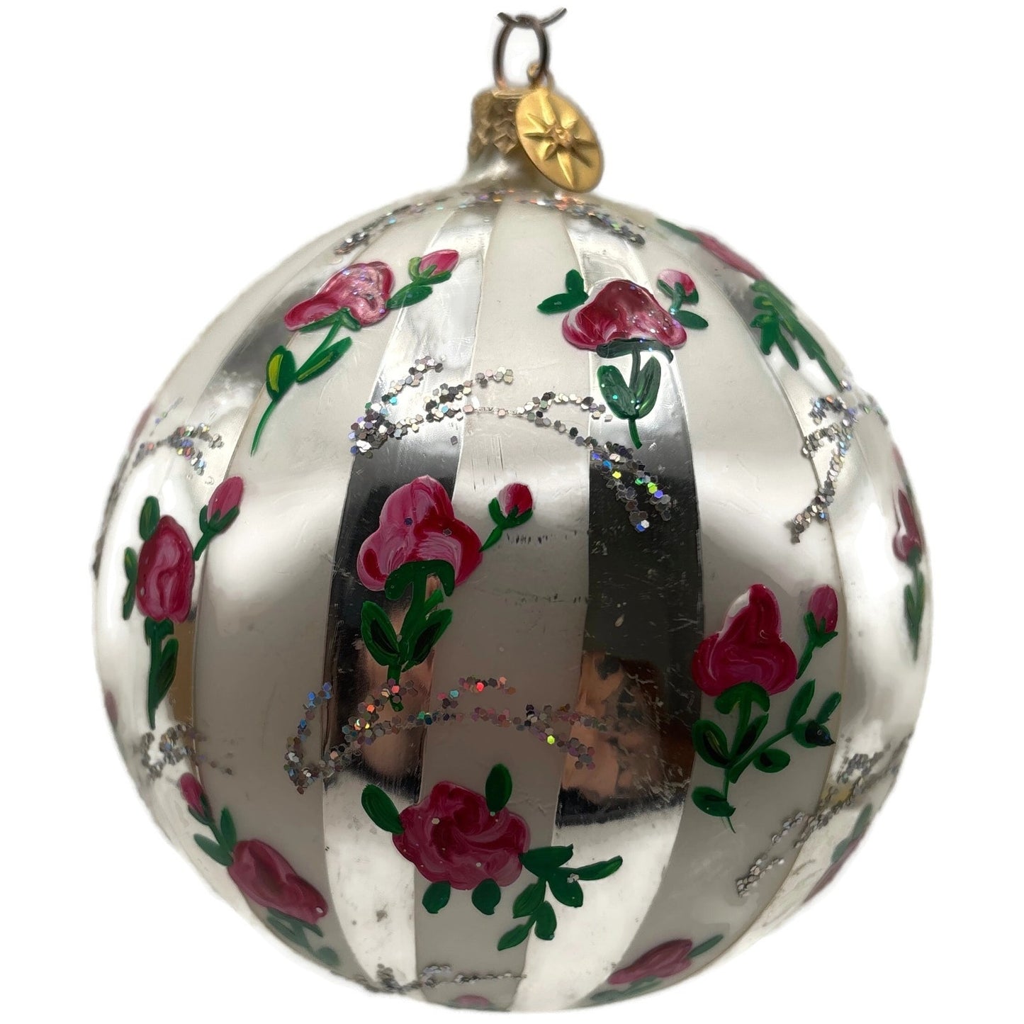 Christopher Radko Parlour Pink Roses Silver Striped Glitter Christmas Ornament