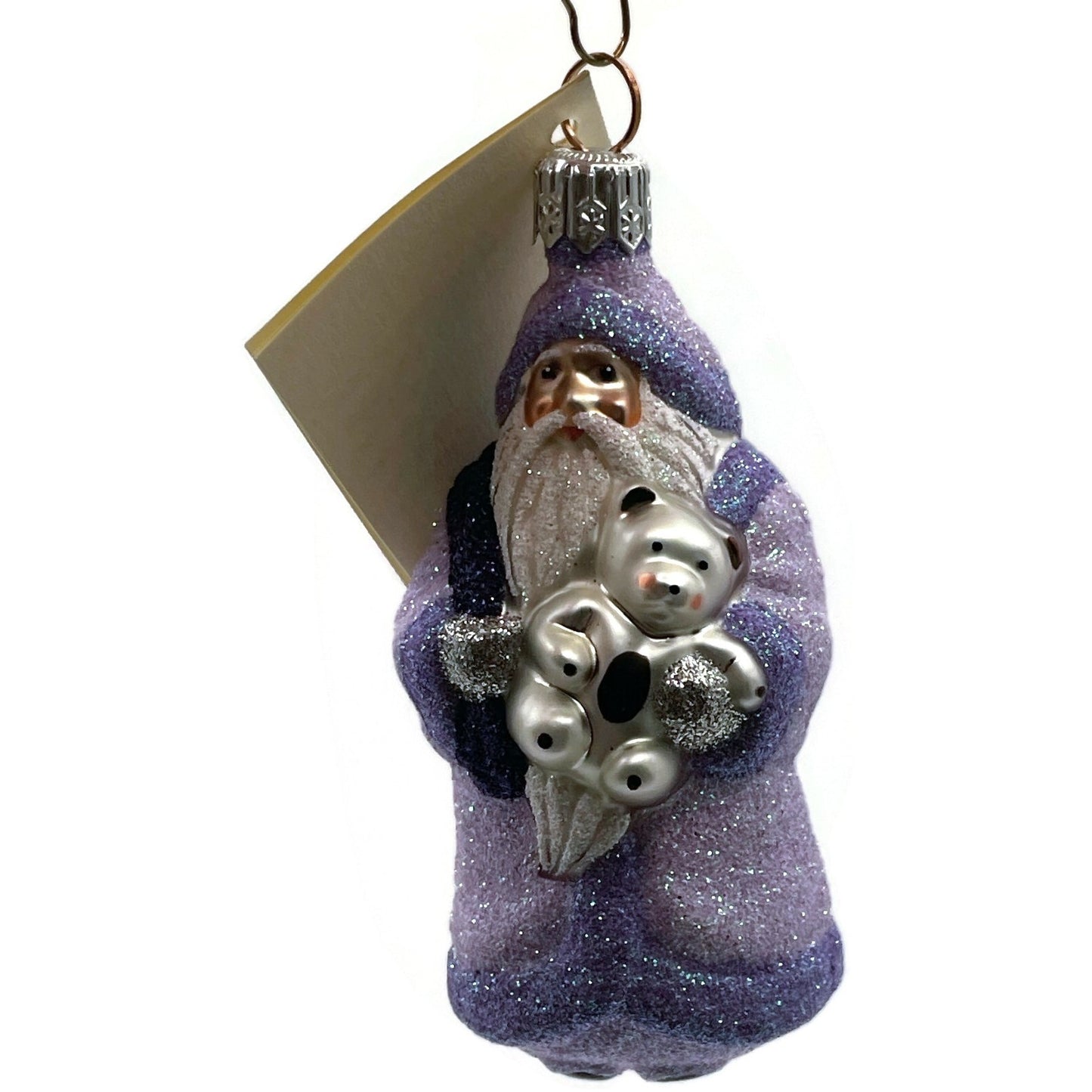 Patricia Breen Miniature Santa and Teddy Lavender Glittered Christmas Ornament