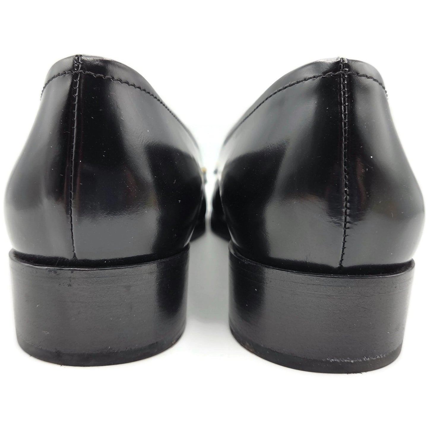 Prada Black Leather Loafer 1D9558 Gold Studs Flats Square Toe Womens Size EU 39