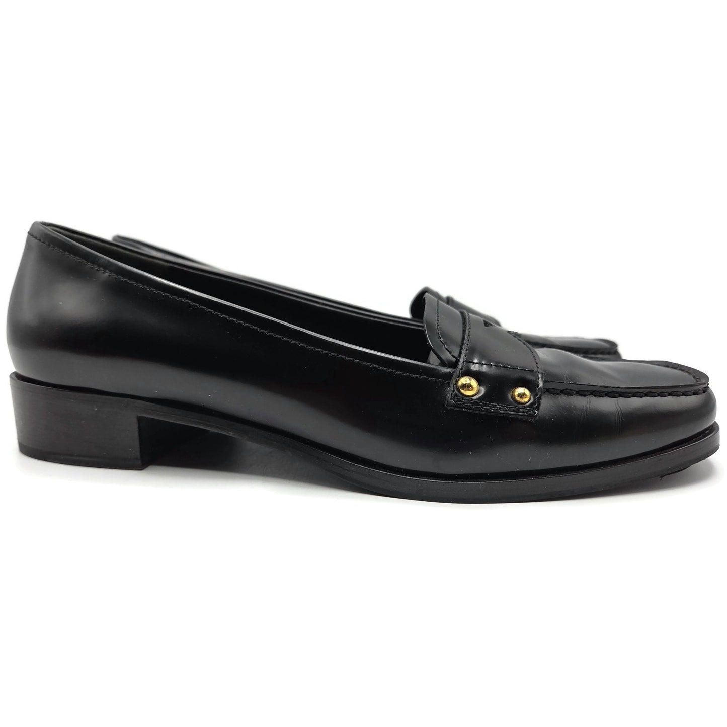 Prada Black Leather Loafer 1D9558 Gold Studs Flats Square Toe Womens Size EU 39