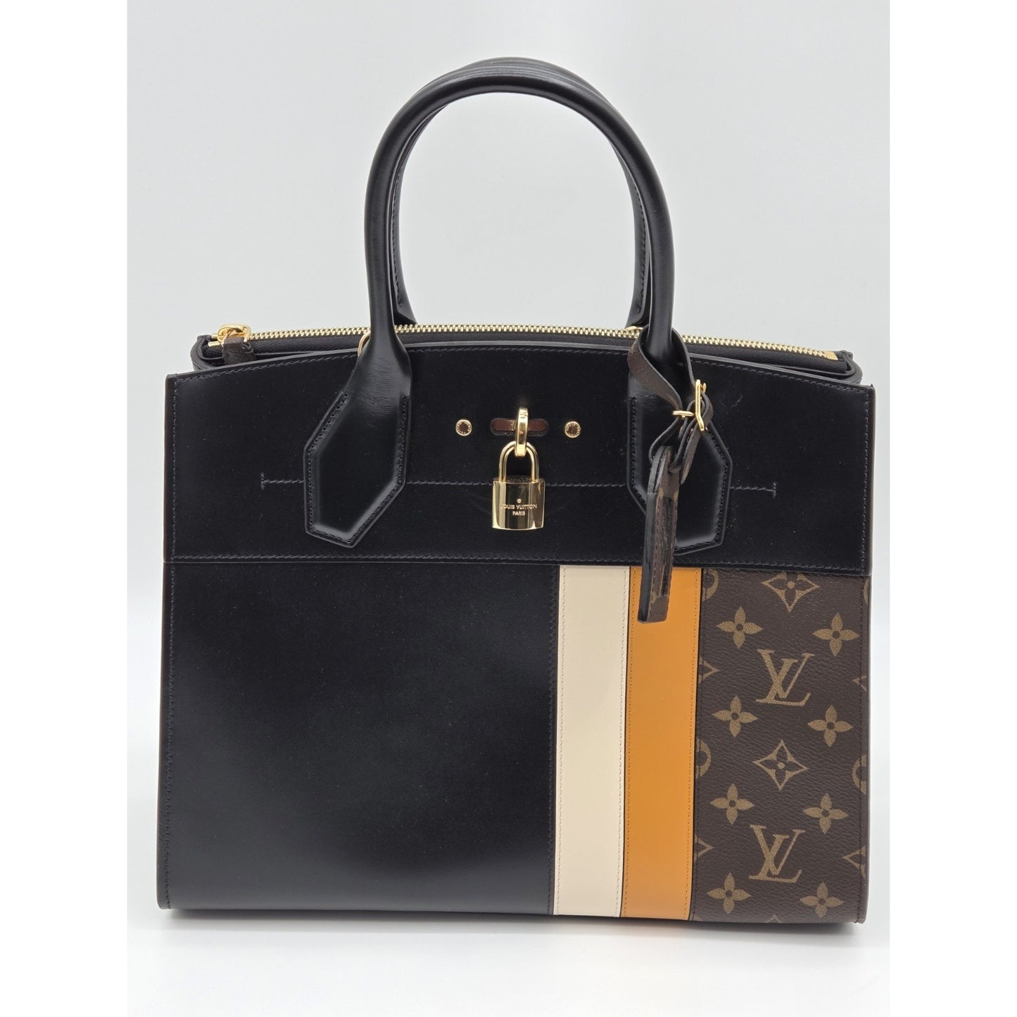 Louis Vuitton City Steamer MM Handbag M55433 Black Calfskin Monogram Stripe Bag