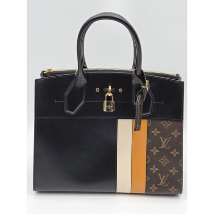 Louis Vuitton City Steamer MM Handbag M55433 Black Calfskin Monogram Stripe Bag