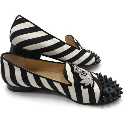Christian Louboutin Intern Flat Patent Studded Loafers Black White Stripe Sz 40