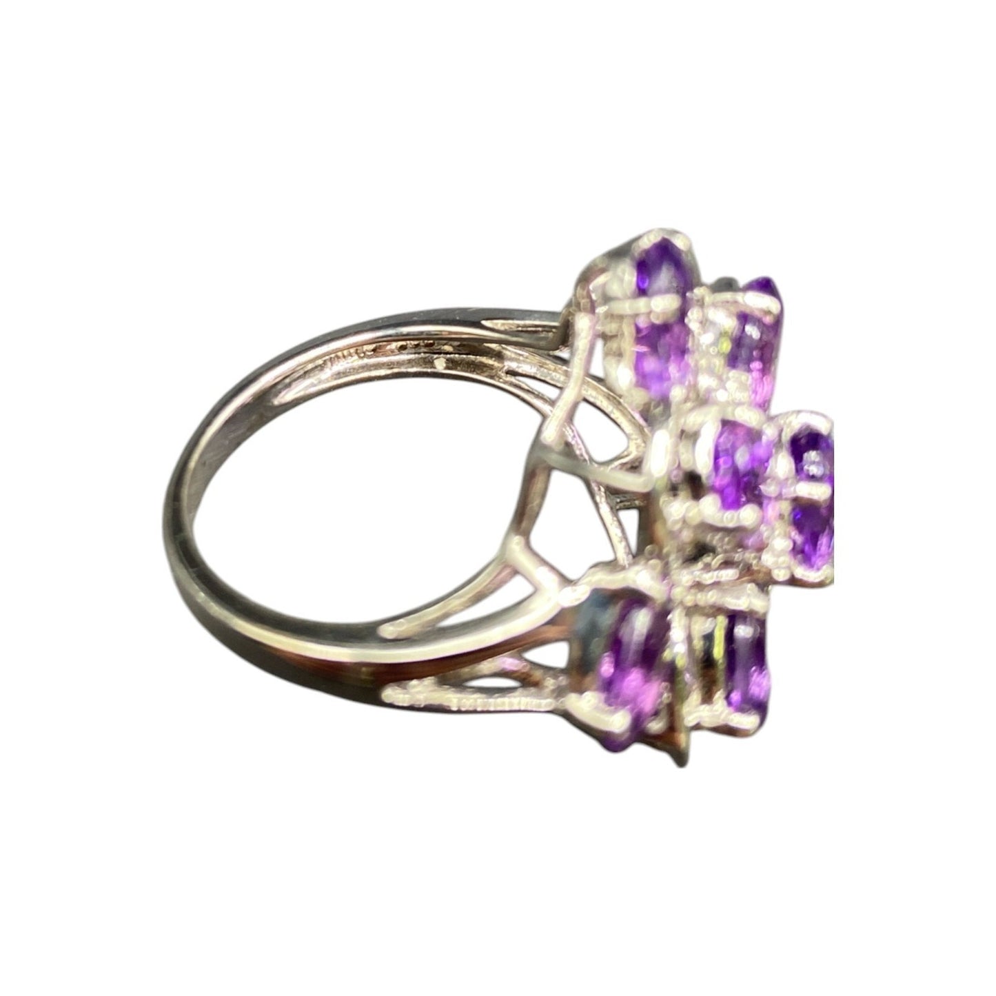 925 Sterling Silver Ring Prong Set Purple Amethyst Gemstone Cluster Size 8