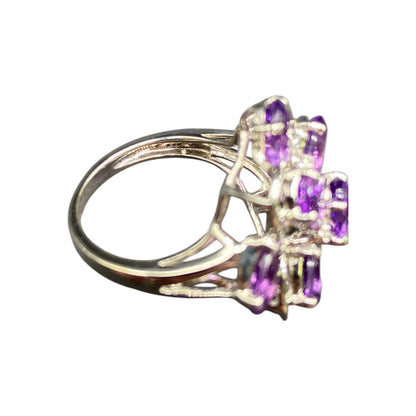 925 Sterling Silver Ring Prong Set Purple Amethyst Gemstone Cluster Size 8
