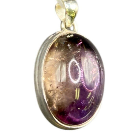 Polished Ametrine Gemstone Pendant Purple Oval Cabochon Silver Tone Fine Jewelry