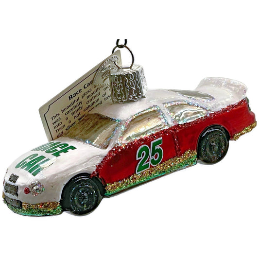 Race Car Ornament Vehicle White Red Glittered OWC Old World Christmas Decoration