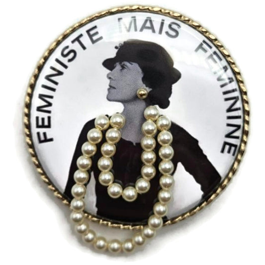 Coco Chanel Feministe Mais Feminine Brooch Pearl Gold Tone Pin Rare with Box