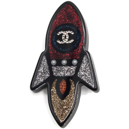 Chanel Rocket Brooch 17S A89416 Space Ship Pin Black Red Grey Glitter Rare Resin