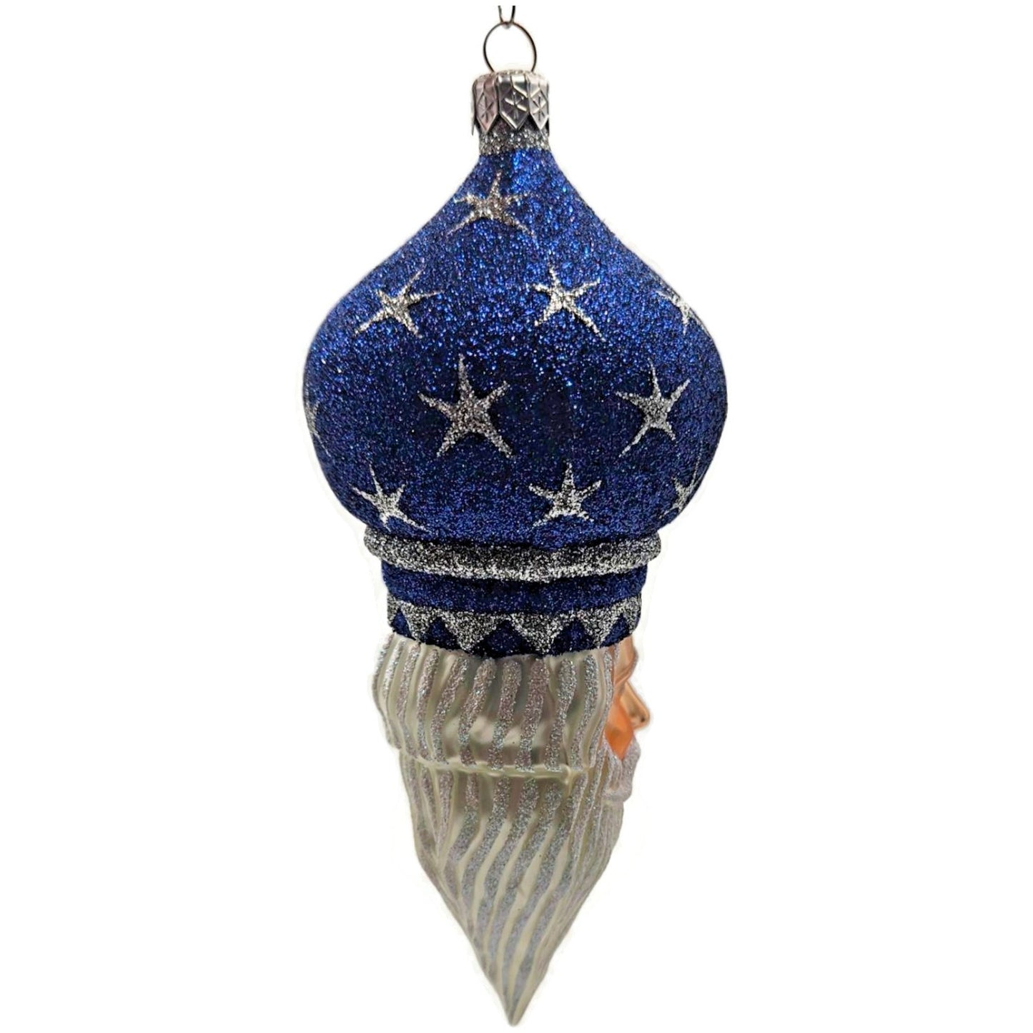 Patricia Breen Nuit Noel Blue Silver Stars Santa Head Christmas Tree Ornament