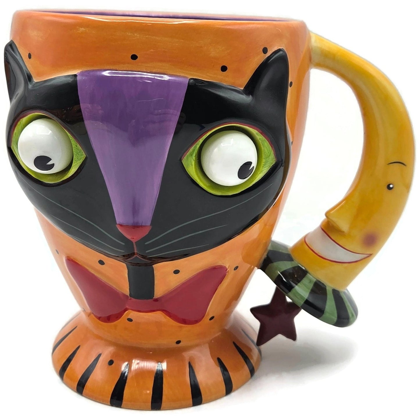 Department 56 Halloween Google Eye Black Cat Orange Mug Coffee Cup Moon Handle