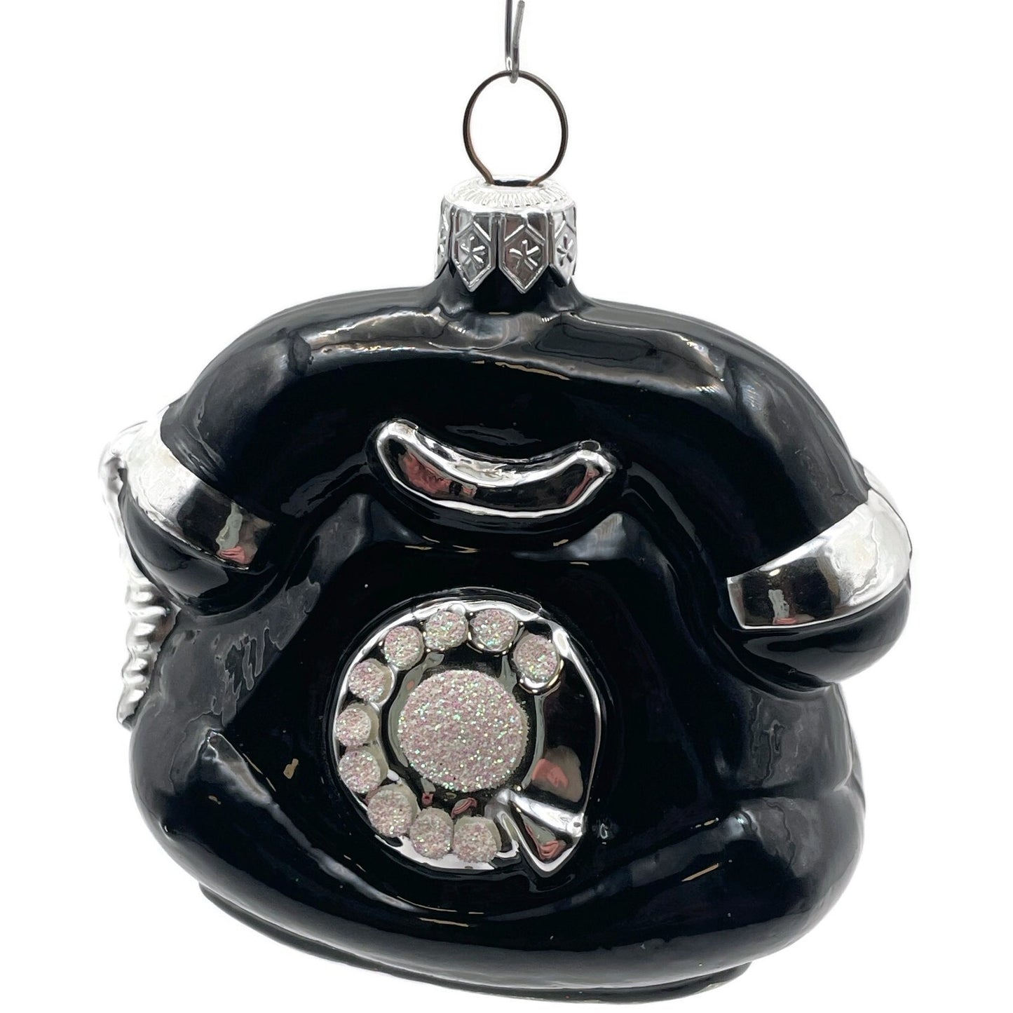 Patricia Breen Fine Phone Black Silver Trim Shiny Telephone Christmas Ornament